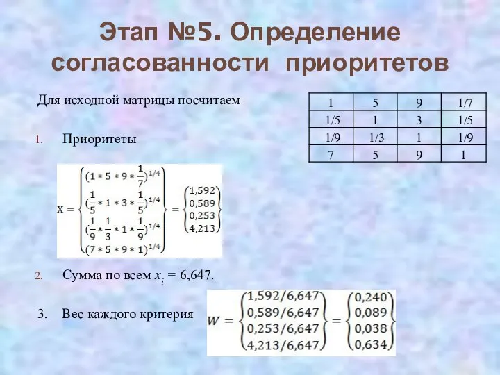 Этап №5. Определение согласованности приоритетов Для исходной матрицы посчитаем Приоритеты Сумма