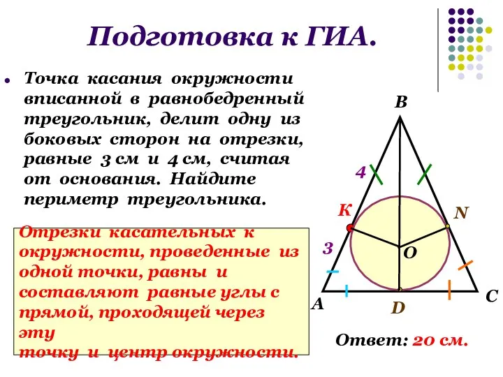 Подготовка к ГИА. Точка касания окружности вписанной в равнобедренный треугольник, делит