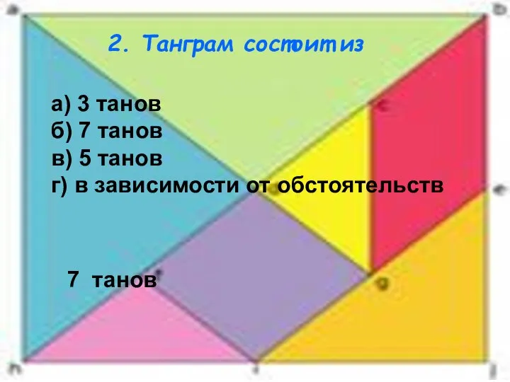 2. Танграм состоит из а) 3 танов б) 7 танов в)