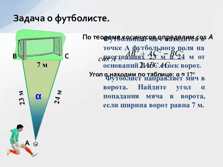 Футбольный мяч находится в точке А футбольного поля на расстояниях 23