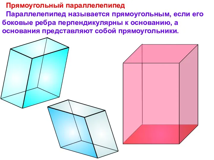 Прямоугольный параллелепипед Параллелепипед называется прямоугольным, если его боковые ребра перпендикулярны к