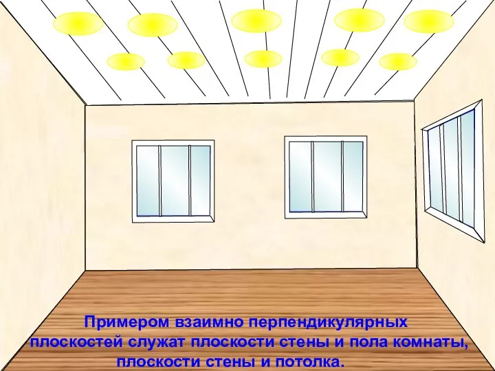 Примером взаимно перпендикулярных плоскостей служат плоскости стены и пола комнаты, плоскости стены и потолка.