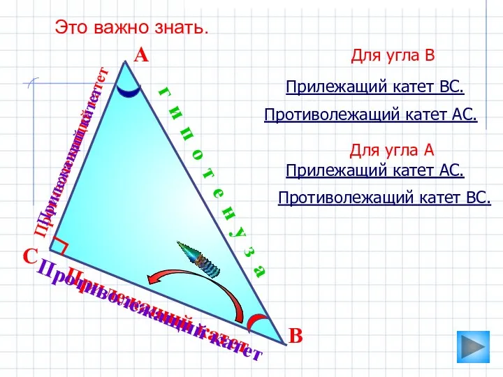 Прилежащий катет Противолежащий катет Это важно знать. А В г и