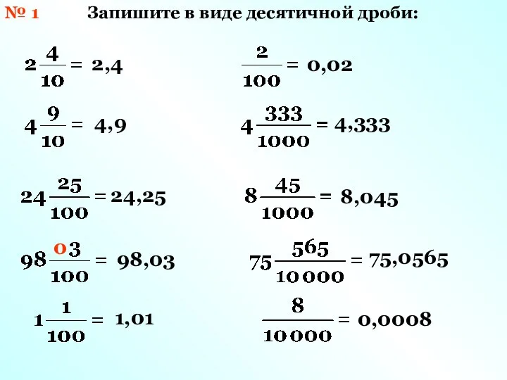 2,4 4,9 24,25 98,03 0,02 4,333 8,045 75,0565 № 1 Запишите