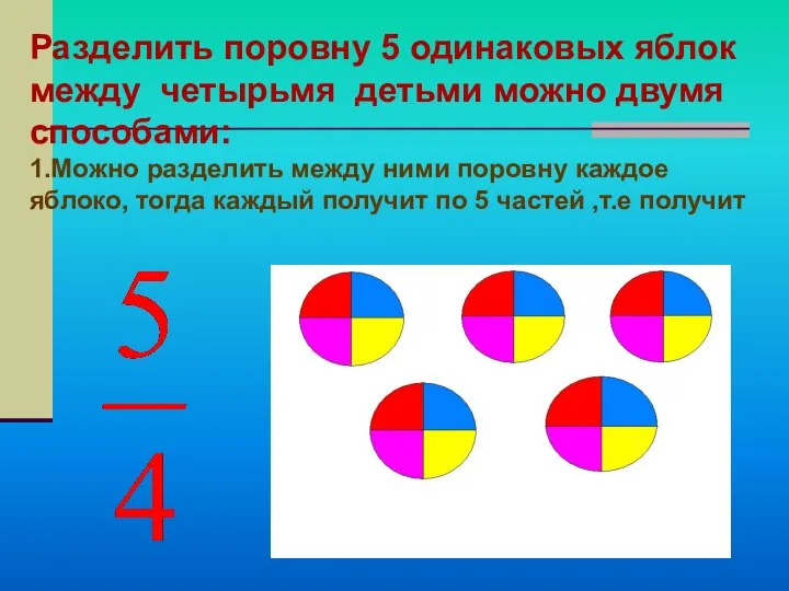 Разделить поровну 5 одинаковых яблок между четырьмя детьми можно двумя способами: