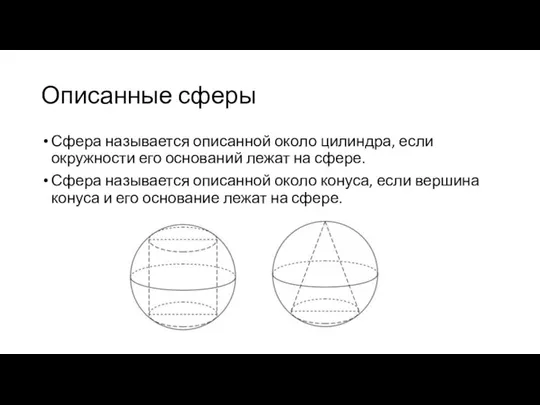Описанные сферы Сфера называется описанной около цилиндра, если окружности его оснований