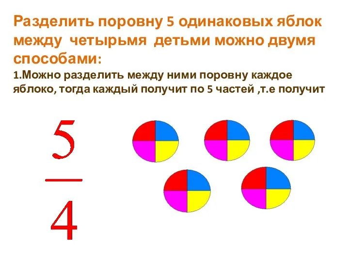 Разделить поровну 5 одинаковых яблок между четырьмя детьми можно двумя способами: