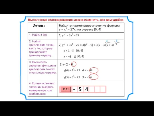 Найдите наименьшее значение функции y = x3 – 27x на отрезке