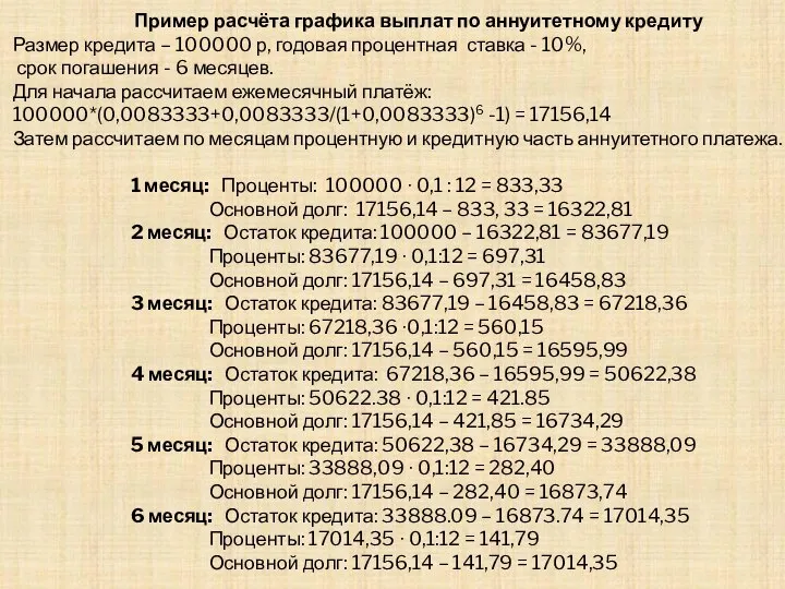 Пример расчёта графика выплат по аннуитетному кредиту Размер кредита – 100000