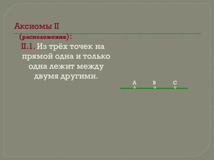 Аксиомы II (расположения): II.1. Из трёх точек на прямой одна и