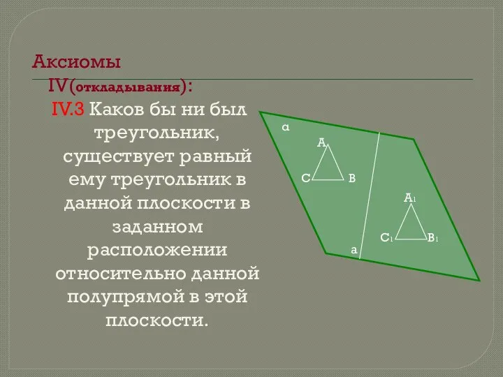 Аксиомы IV(откладывания): IV.3 Каков бы ни был треугольник, существует равный ему