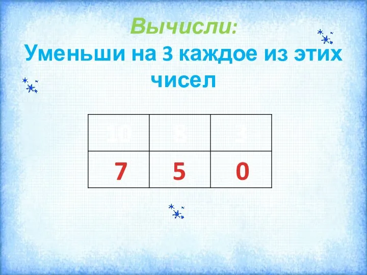 Вычисли: Уменьши на 3 каждое из этих чисел 7 5 0