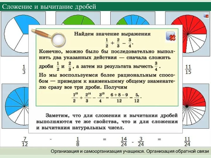 Организация и самоорганизация учащихся. Организация обратной связи Сложение и вычитание дробей смотреть рисунок смотреть пример