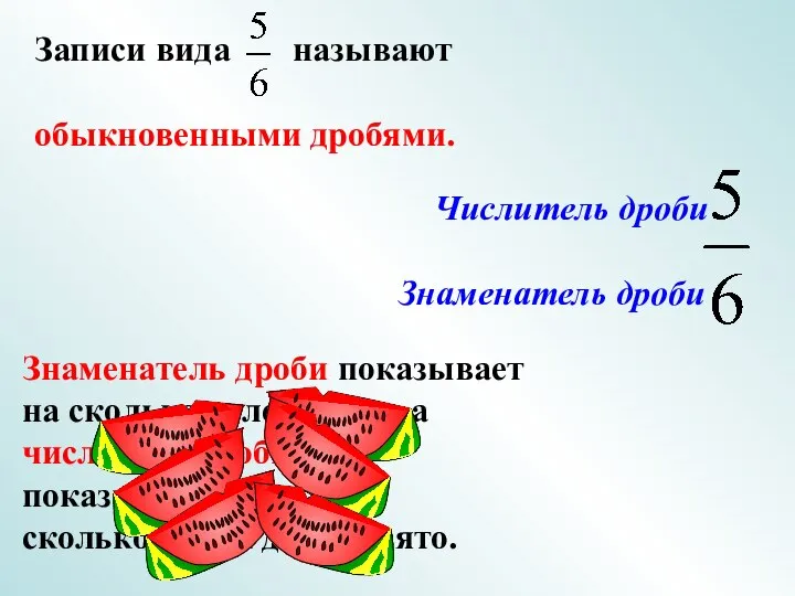 Знаменатель дроби показывает на сколько долей делят, а числитель дроби показывает