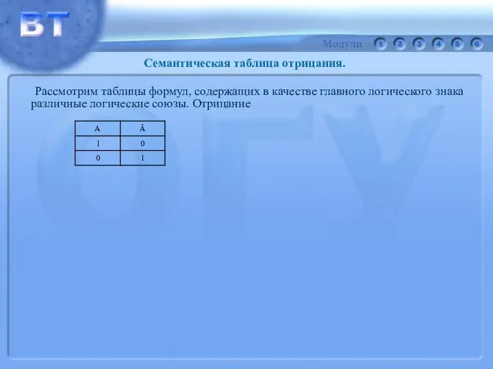 Рассмотрим таблицы формул, содержащих в качестве главного логического знака различные логические союзы. Отрицание Семантическая таблица отрицания.