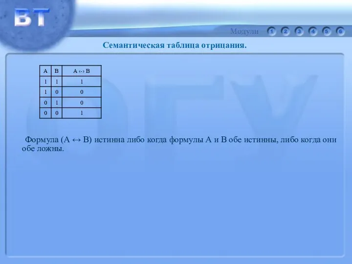Формула (А ↔ В) истинна либо когда формулы А и В