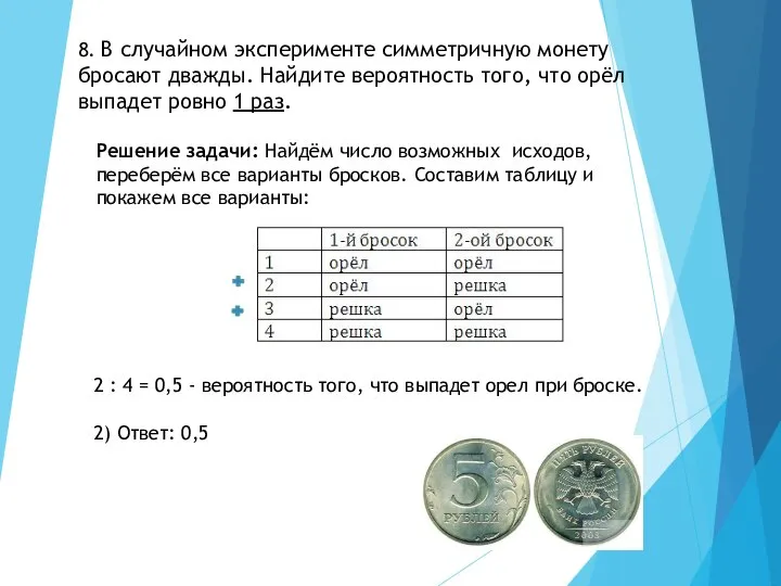 8. В случайном эксперименте симметричную монету бросают дважды. Найдите вероятность того,