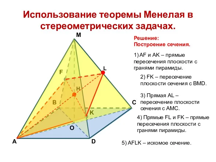 Использование теоремы Менелая в стереометрических задачах. Решение: Построение сечения. Н L