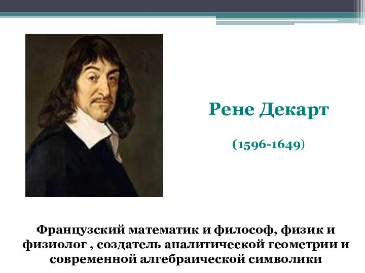 Рене Декарт (1596-1649) Французский математик и философ, физик и физиолог ,