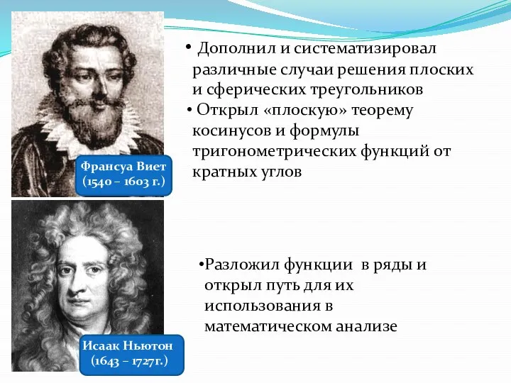 Франсуа Виет (1540 – 1603 г.) Исаак Ньютон (1643 – 1727г.)