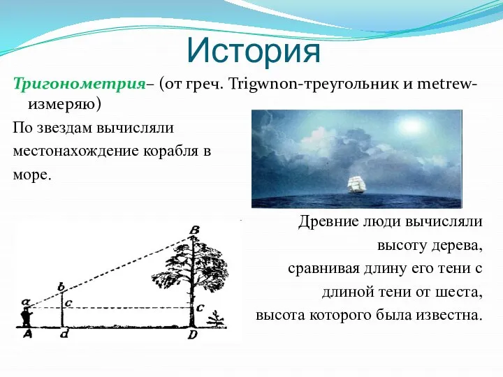 История Тригонометрия– (от греч. Trigwnon-треугольник и metrew- измеряю) По звездам вычисляли