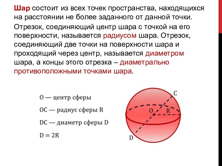 Шар состоит из всех точек пространства, находящихся на расстоянии не более