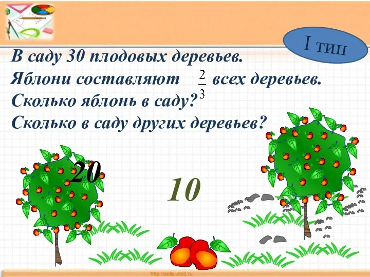 В саду 30 плодовых деревьев. Яблони составляют всех деревьев. Сколько яблонь