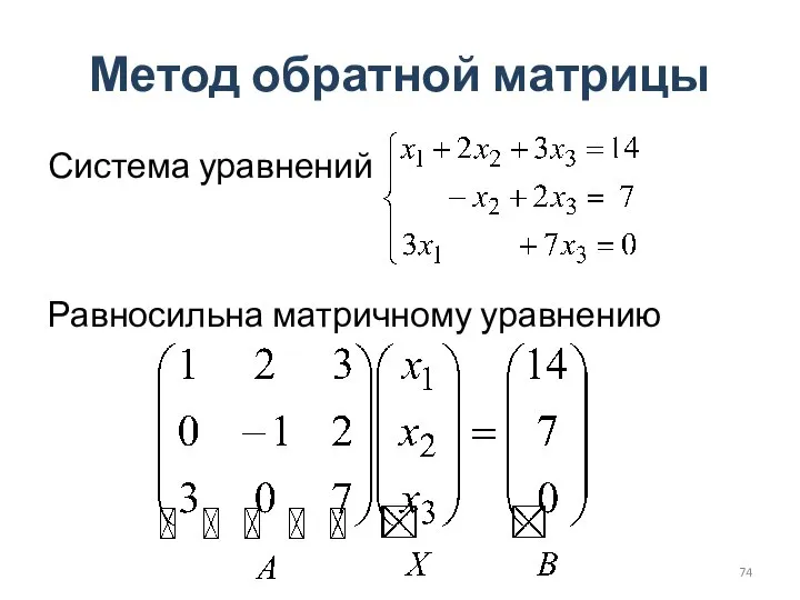 Метод обратной матрицы Система уравнений Равносильна матричному уравнению