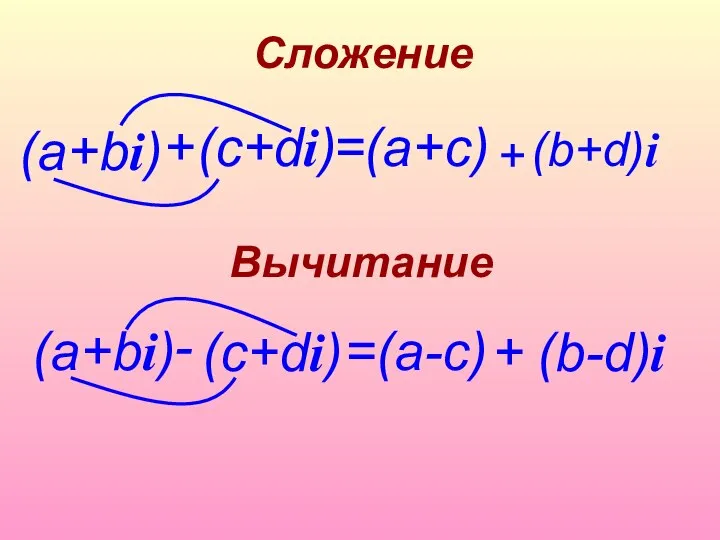 (а+bi) Вычитание =(a+c) + (c+di) Сложение (b+d) + i (а+bi) - (c+di) =(a-c) + (b-d) i