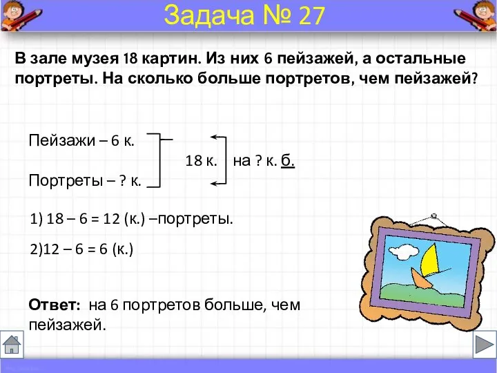 В зале музея 18 картин. Из них 6 пейзажей, а остальные