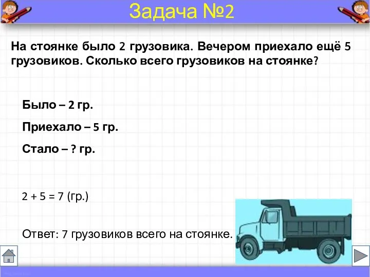 На стоянке было 2 грузовика. Вечером приехало ещё 5 грузовиков. Сколько