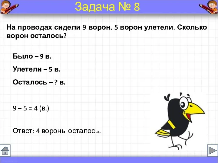 На проводах сидели 9 ворон. 5 ворон улетели. Сколько ворон осталось?