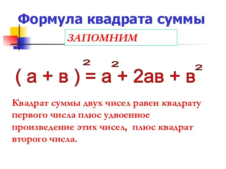 Формула квадрата суммы ЗАПОМНИМ Квадрат суммы двух чисел равен квадрату первого
