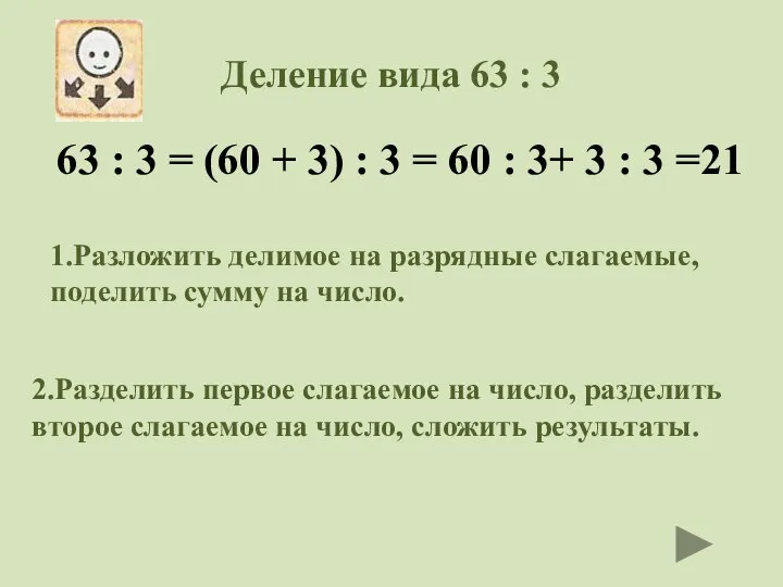 Деление вида 63 : 3 63 : 3 = (60 +