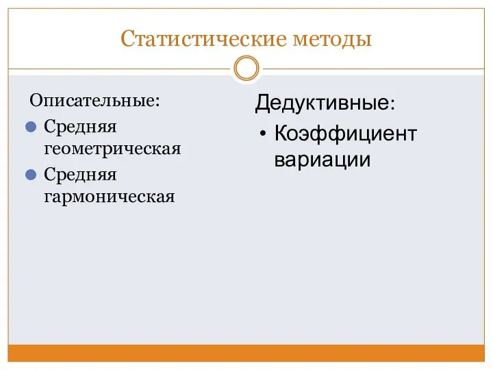 Статистические методы Описательные: Средняя геометрическая Средняя гармоническая Дедуктивные: Коэффициент вариации