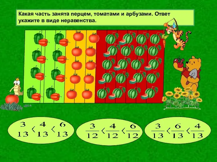 Какая часть занята перцем, томатами и арбузами. Ответ укажите в виде неравенства.