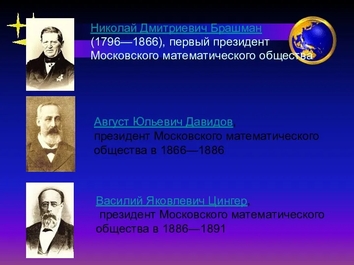 Август Юльевич Давидов, президент Московского математического общества в 1866—1886 Василий Яковлевич