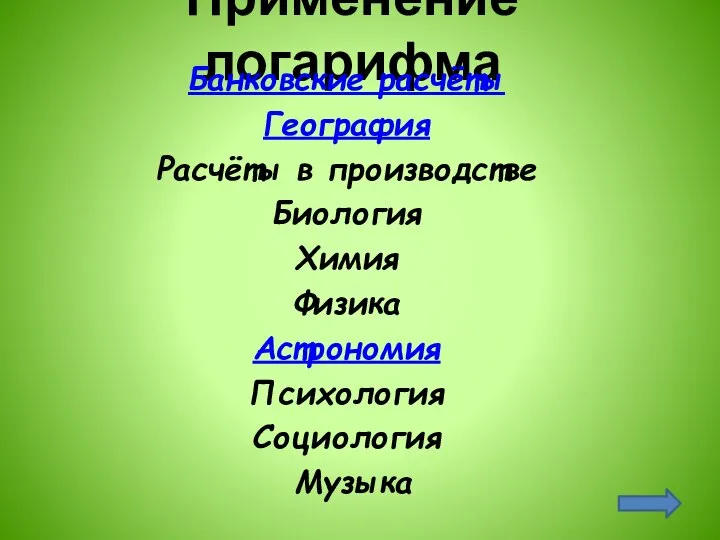 Применение логарифма Банковские расчёты География Расчёты в производстве Биология Химия Физика Астрономия Психология Социология Музыка