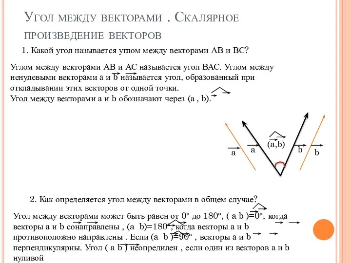 Угол между векторами . Скалярное произведение векторов 1. Какой угол называется