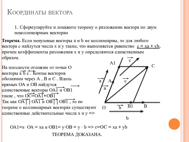 Координаты вектора 1. Сформулируйте и докажите теорему о разложении вектора по