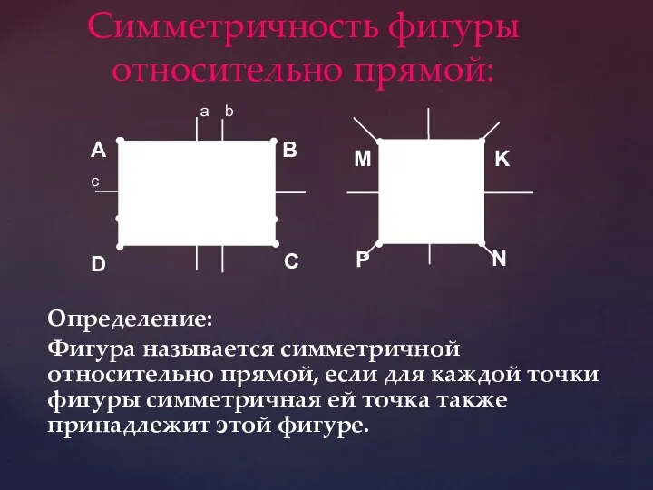 Симметричность фигуры относительно прямой: Определение: Фигура называется симметричной относительно прямой, если