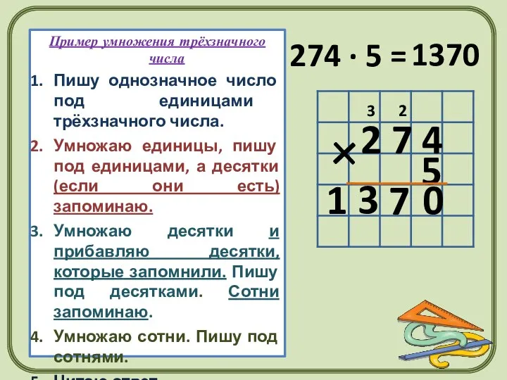 Пример умножения трёхзначного числа Пишу однозначное число под единицами трёхзначного числа.