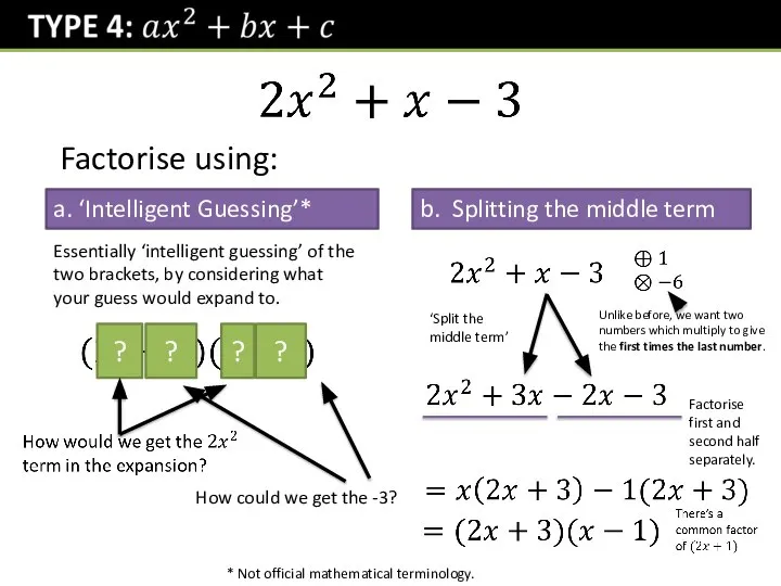 Factorise using: a. ‘Intelligent Guessing’* b. Splitting the middle term *