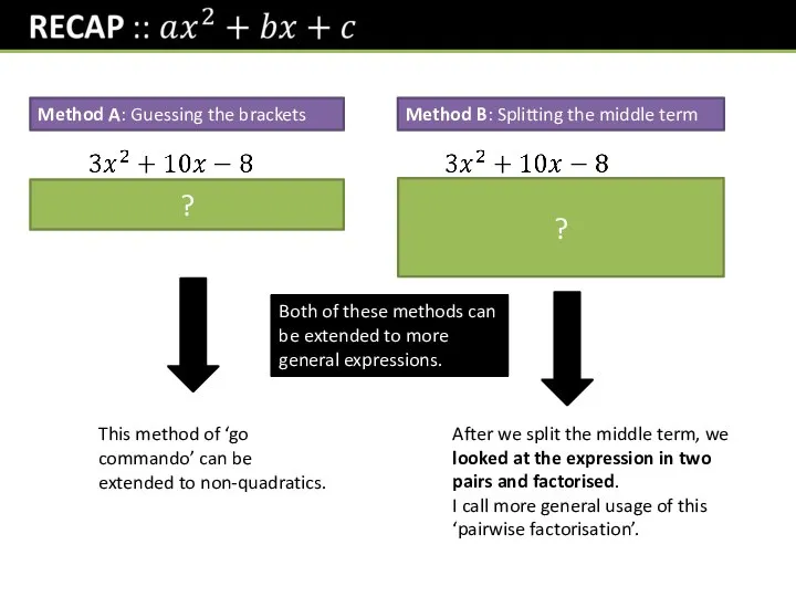 Method A: Guessing the brackets Method B: Splitting the middle term