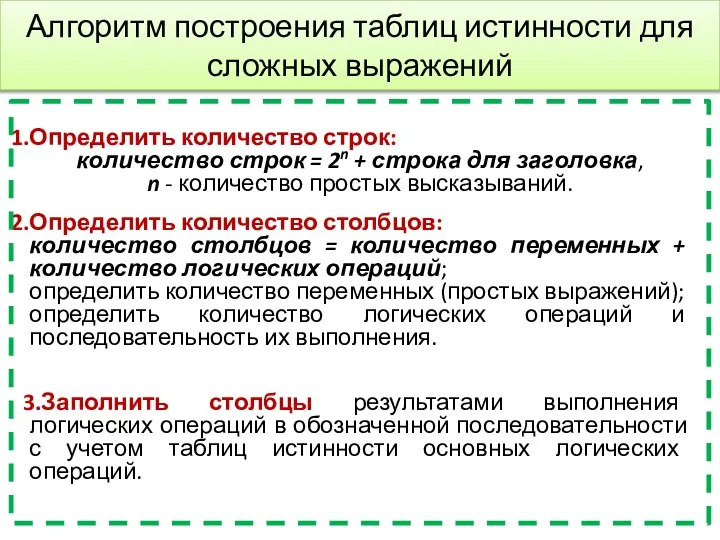 Алгоритм построения таблиц истинности для сложных выражений Определить количество строк: количество