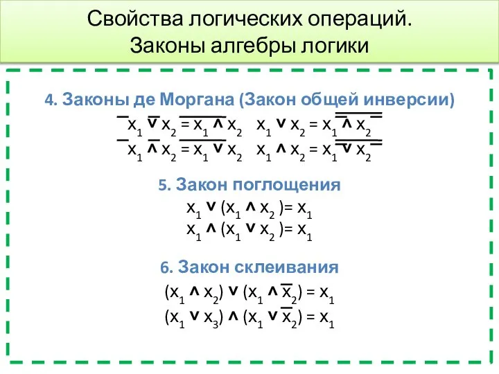 4. Законы де Моргана (Закон общей инверсии) х1 ˅ х2 =