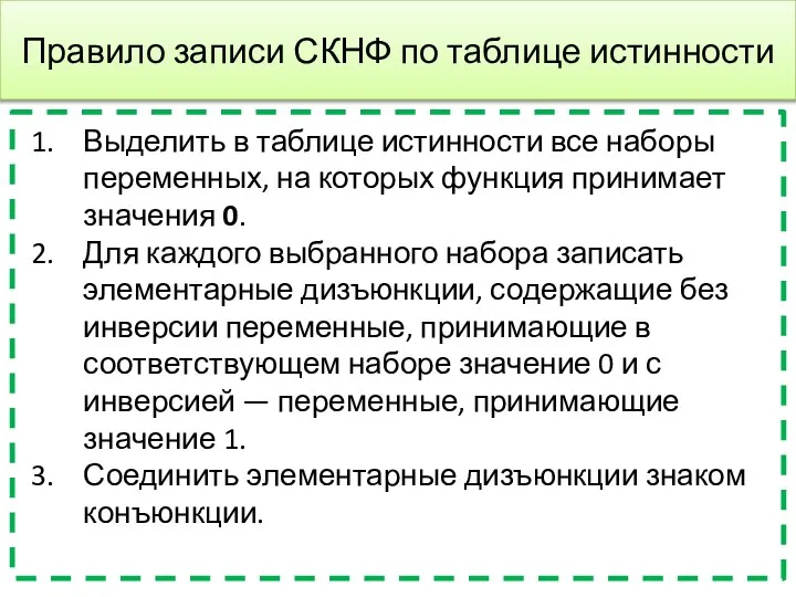 Правило записи СКНФ по таблице истинности Выделить в таблице истинности все