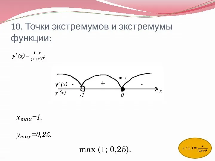 10. Точки экстремумов и экстремумы функции: -1 0 + - -