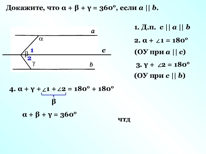 Докажите, что α + β + γ = 360о, если а