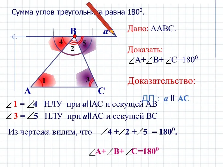 Сумма углов треугольника равна 1800. А В С а Дано: ∆АВС.